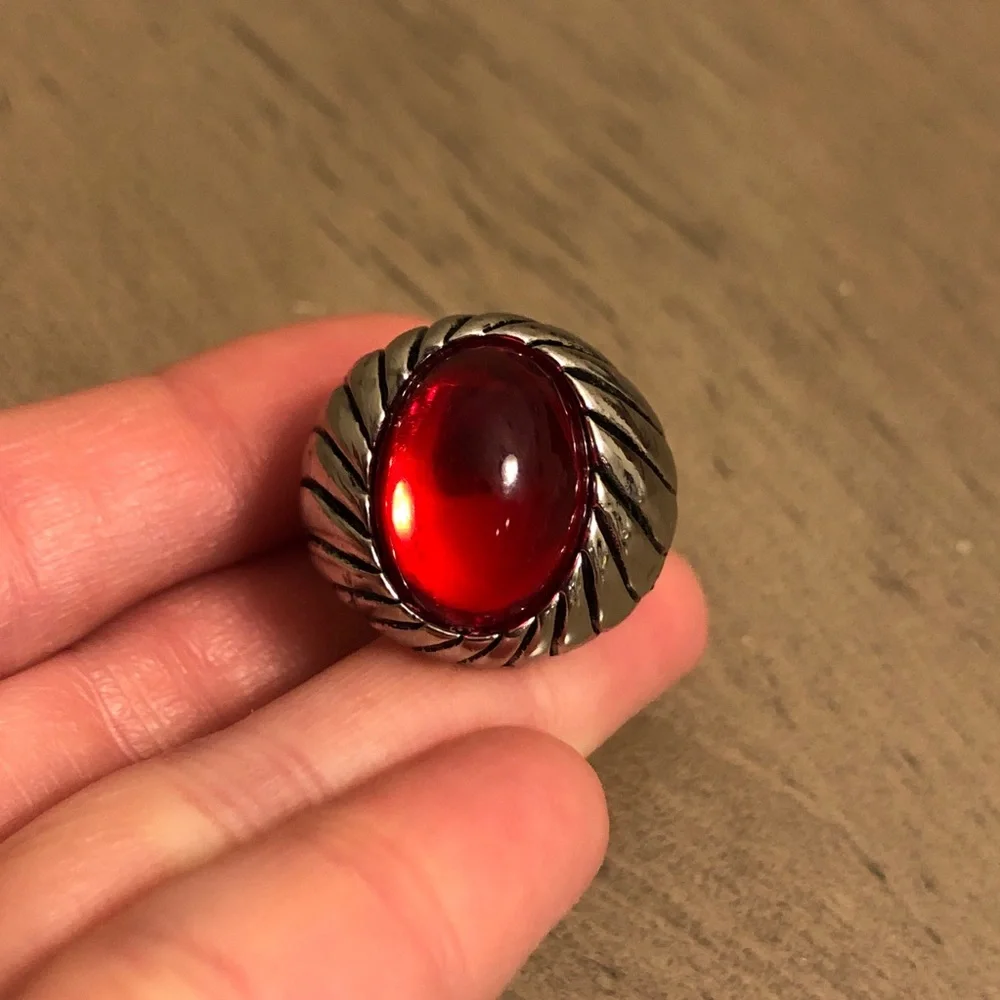 Red Faux Gemstone Silver Tone Cocktail Ring - Costume Jewelry